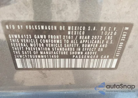 2021 Volkswagen Jetta 1.4T R-Line/1.4T S/1.4T Se z USA, uszkodzony, nr VIN 3VWC57BU8MM011450